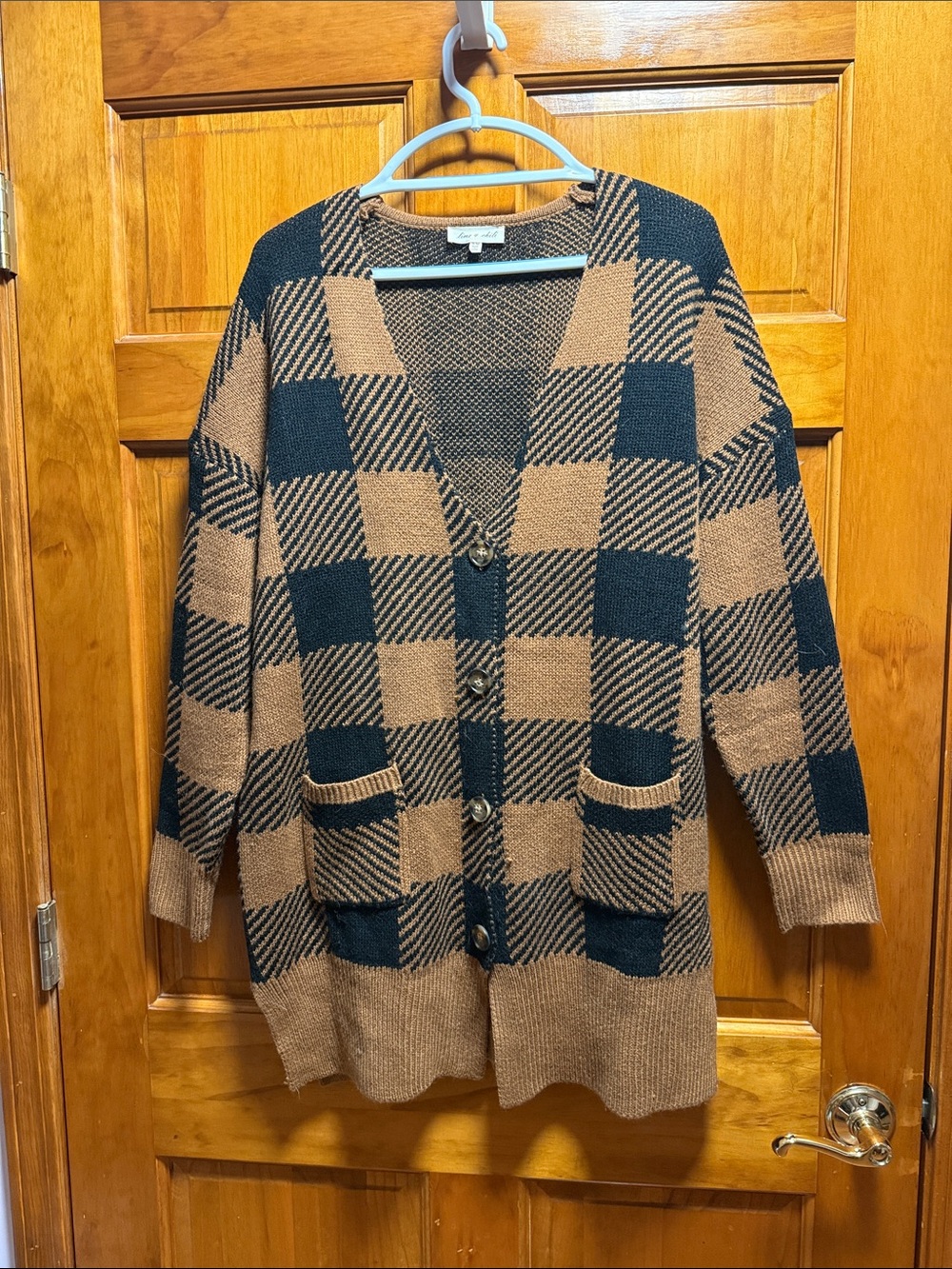 Lime & Chili Checked Button-Up Cardigan Sweater in Brown & Black